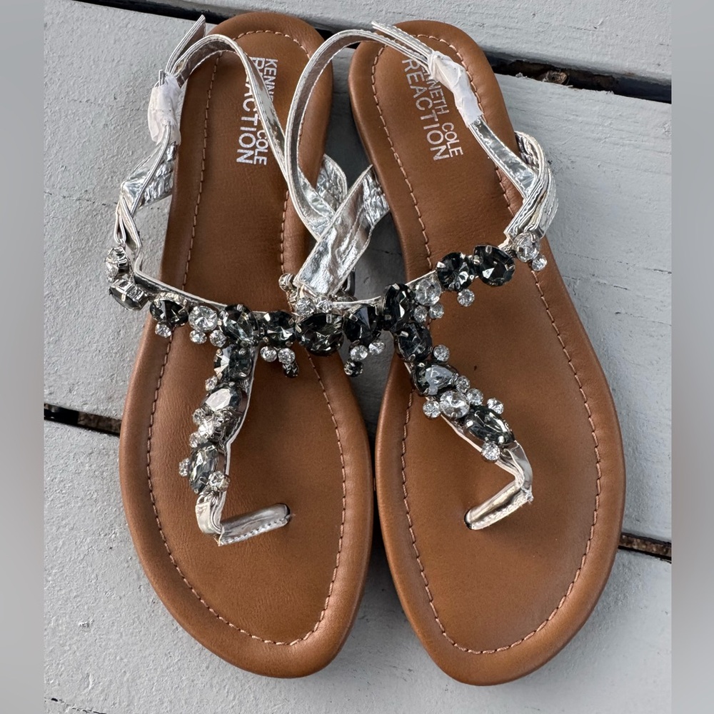 Kenneth Cole Reaction Women’s Drag Fire Sandals – Silver Crystal Thong Style S/8 - Picture 5 of 12